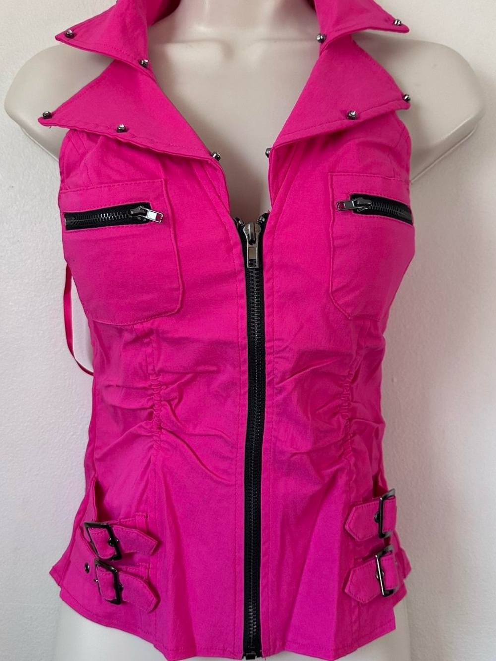 Hot Pink Stud-Trim Sleeveless Zip Front Jacket